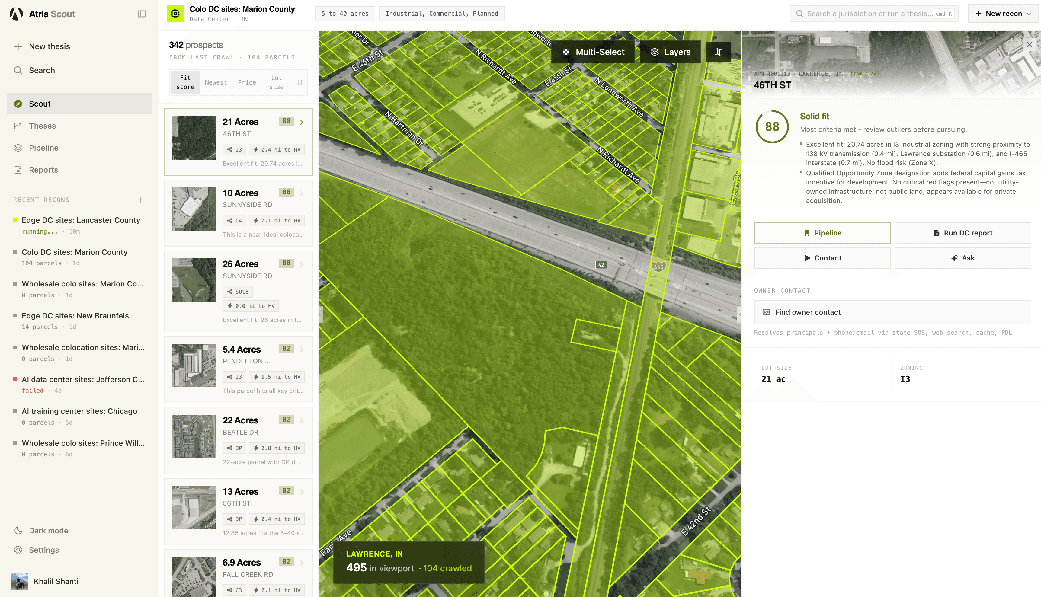 Atria Scout - live crawl with parcels scored against an acquisition thesis, overlaid on satellite imagery